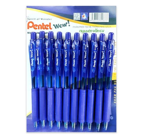 Vỉ 10 Bút Bi Bấm Pentel Wow BK440 1.0mm Màu Xanh