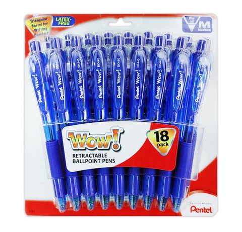 Vĩ 18 Bút Bi Bấm Pentel Wow BK440 1.0mm Màu Xanh