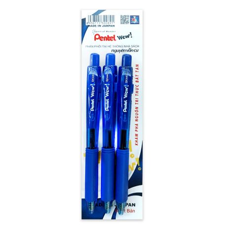 Vỉ 3 Bút Bi Bấm Pentel Wow BK440 1.0mm Màu Xanh