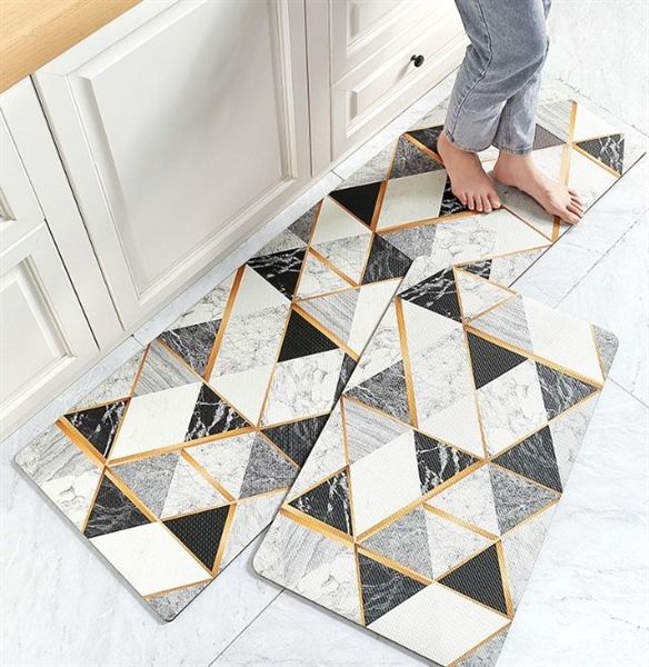 Bộ thảm bếp 3 Lớp chống thấm dễ lau TAM GIÁC VÂN ĐÁ 45*60 và 45*150cm