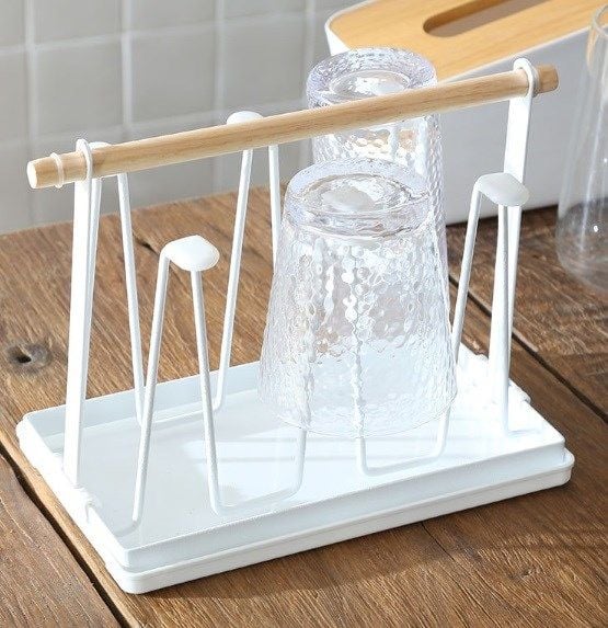 Giá úp cốc ly phong cách tối giản Bắc Âu TAY GỖ KÈM KHAY HỨNG NƯỚC