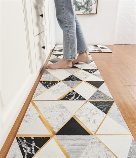 Bộ thảm bếp 3 Lớp chống thấm dễ lau TAM GIÁC VÂN ĐÁ 45*60 và 45*150cm