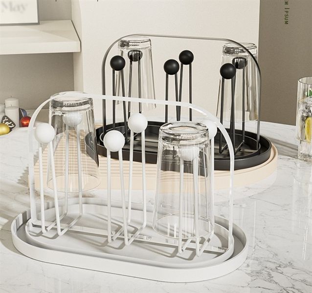 Giá úp cốc ly phong cách tối giản Bắc Âu TAY GỖ KÈM KHAY HỨNG NƯỚC