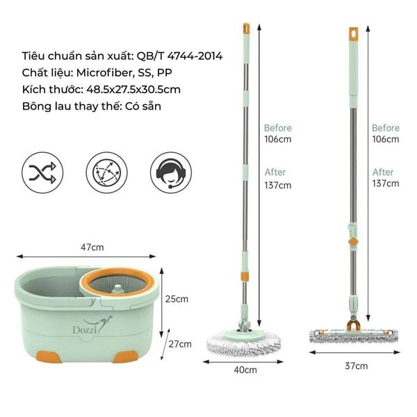 BỘ LAU NHÀ DOZZI ĐA NĂNG: (gồm 1 thùng, 1 cán, 4 bông lau).