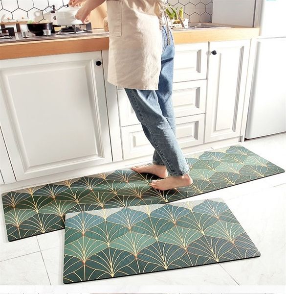 Bộ thảm bếp 3 Lớp chống thấm dễ lau XANH GÂN LÁ SEN 45*60 và 45*150cm