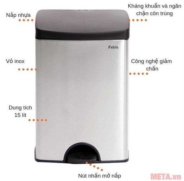 Thùng rác FITIS - Đạp vuông nhỏ - Inox mờ 15L 30 x 26 x 44 (cm) SPS1-901
