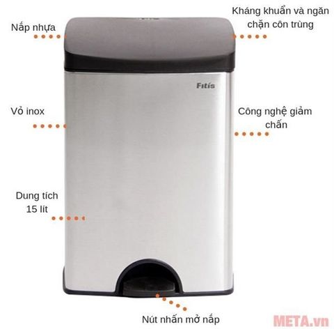 Thùng rác FITIS - Đạp vuông nhỏ - Inox mờ 15L 30 x 26 x 44 (cm) SPS1-901