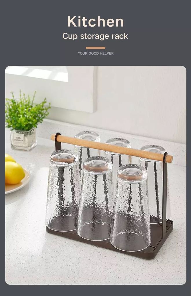 Giá úp cốc ly phong cách tối giản Bắc Âu TAY GỖ KÈM KHAY HỨNG NƯỚC