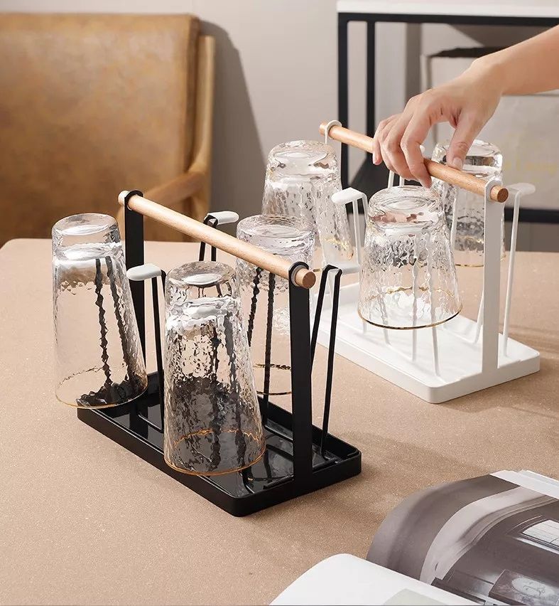 Giá úp cốc ly phong cách tối giản Bắc Âu TAY GỖ KÈM KHAY HỨNG NƯỚC