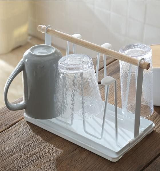 Giá úp cốc ly phong cách tối giản Bắc Âu TAY GỖ KÈM KHAY HỨNG NƯỚC