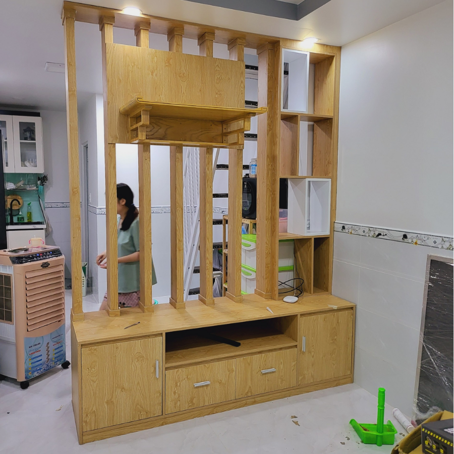Tủ kệ kết hợp vách gỗ phòng khách KG06