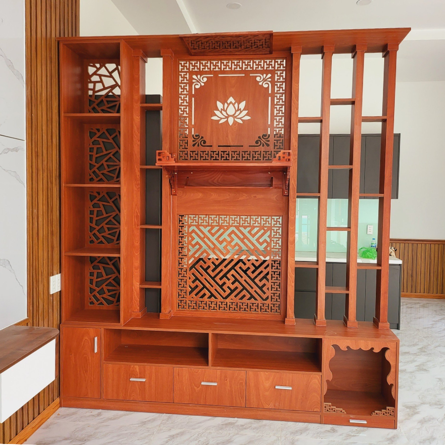 Tủ kệ kết hợp vách gỗ phòng khách có trang thờ KG07
