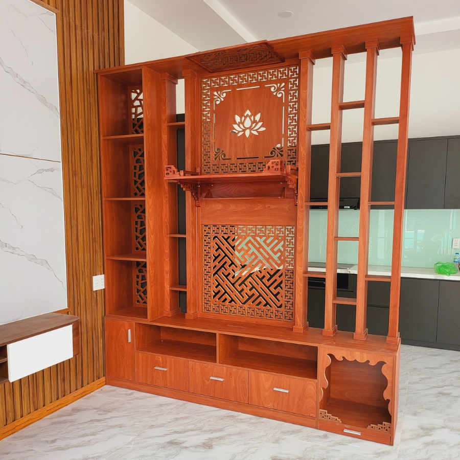 Tủ kệ kết hợp vách gỗ phòng khách có trang thờ KG07
