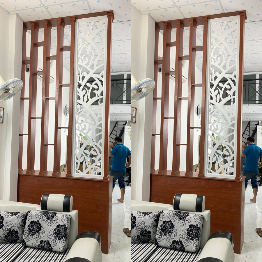 Lam gỗ kết hợp trang trí phòng khách KG26