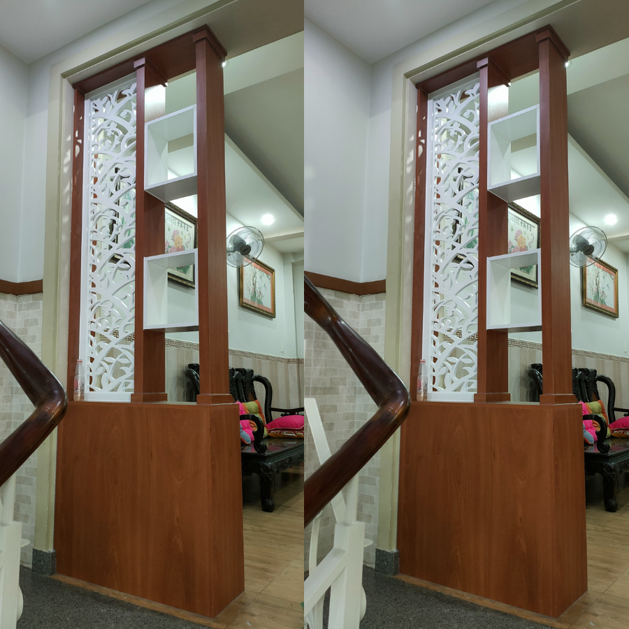 Lam gỗ kết hợp trang trí phòng khách KG32