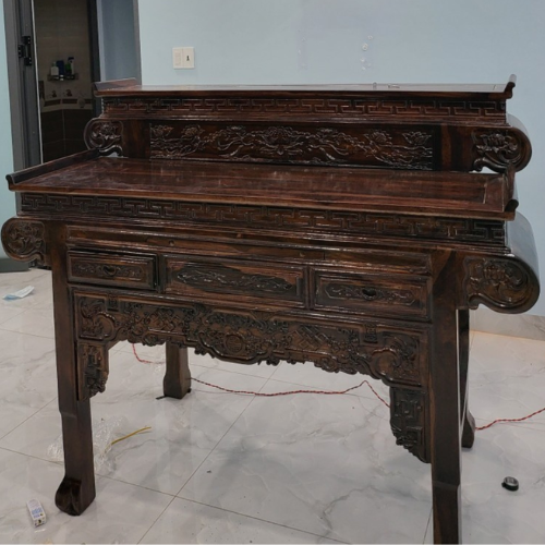  Bàn thờ gia tiên gỗ Muồng 2 tầng tay cuốn GM03 