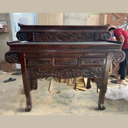  Bàn thờ gia tiên gỗ Muồng 2 tầng tay cuốn GM03 