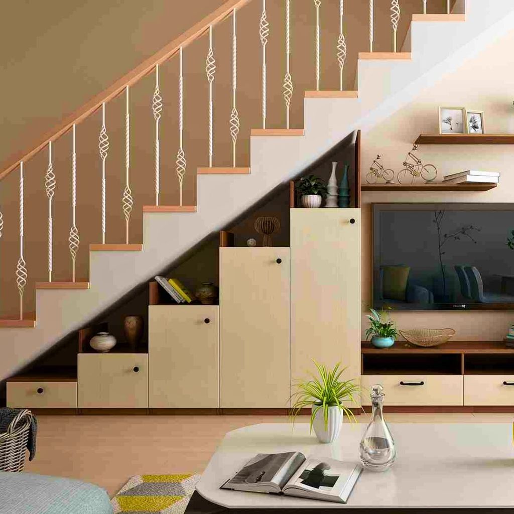 Tủ kệ cầu thang sơn trắng KCT19