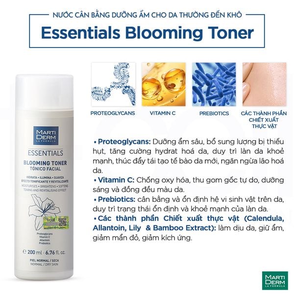  Nước Cân Bằng Dưỡng Ẩm Cho Da Thường Đến Khô - MartiDerm Essentials Blooming Toner (200ml) 