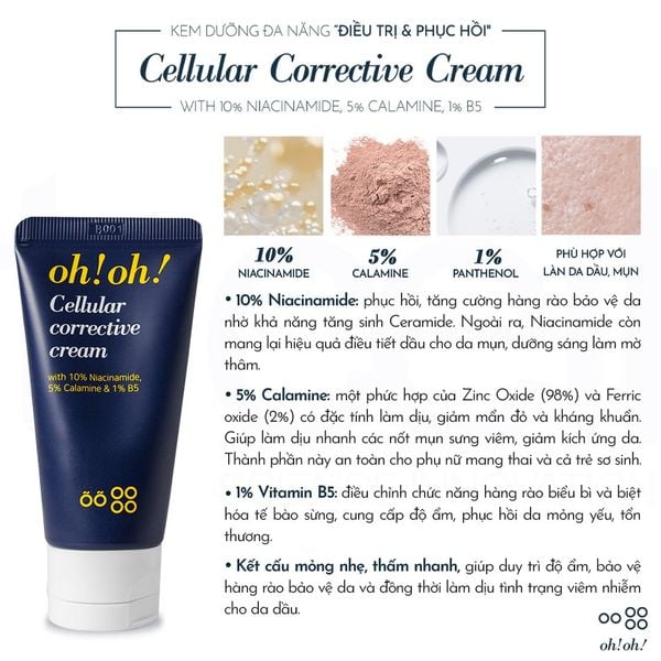  Kem Dưỡng Phục Hồi Da Tổn Thương oh!oh! Cellular Corrective Cream (with 10% Niacinamide, 5% Calamine, 1% B5) (30ml) 