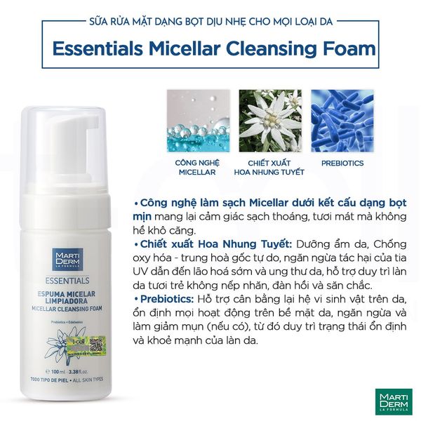  Sữa Rửa Mặt Dạng Bọt Dịu Nhẹ Cho Mọi Loại Da - Martiderm Essentials Micellar Cleansing Foam (100ml) 