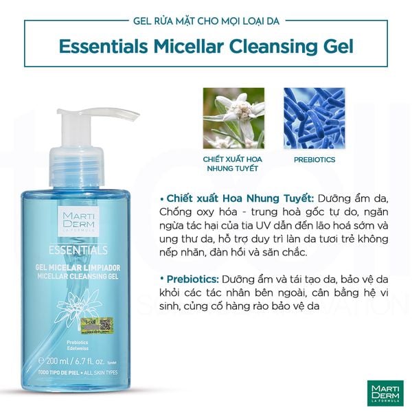  Gel Rửa Mặt Dịu Nhẹ Cho Mọi Loại Da - MartiDerm Essentials Micellar Cleansing Gel (200ml) 