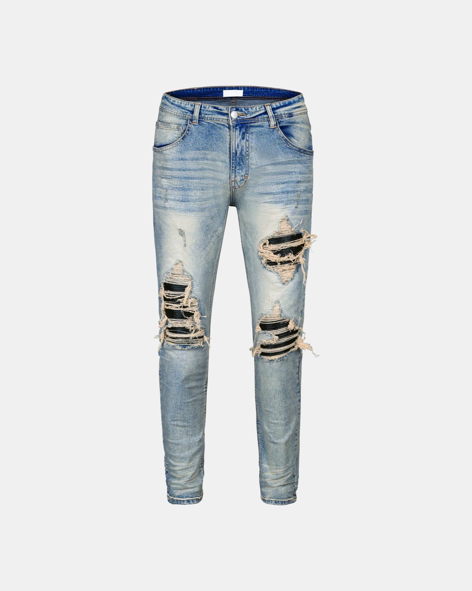  NZ53 - BLACK PANELS BIKER DENIM - MID BLUE 