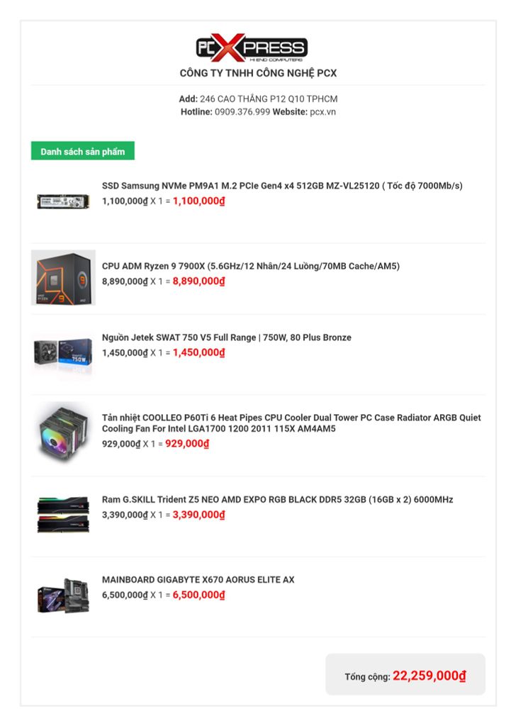 Bộ máy PCX Aorus X670 Ryzen 9 7900x - 32GB DDR5 - 512GB - AMD Graphics dùng cho lập trình, autocad , sketchup