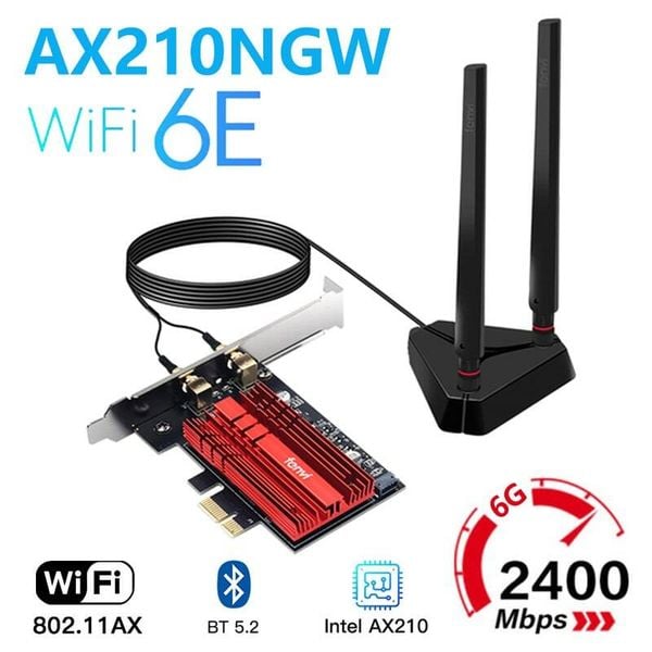  Bộ card WIFI Intel WIFI 6E AX210 cho máy bàn dùng cổng PCIe hỗ trợ 2.4Ghz 5Ghz và 6Ghz - Bluetooth 5.2 