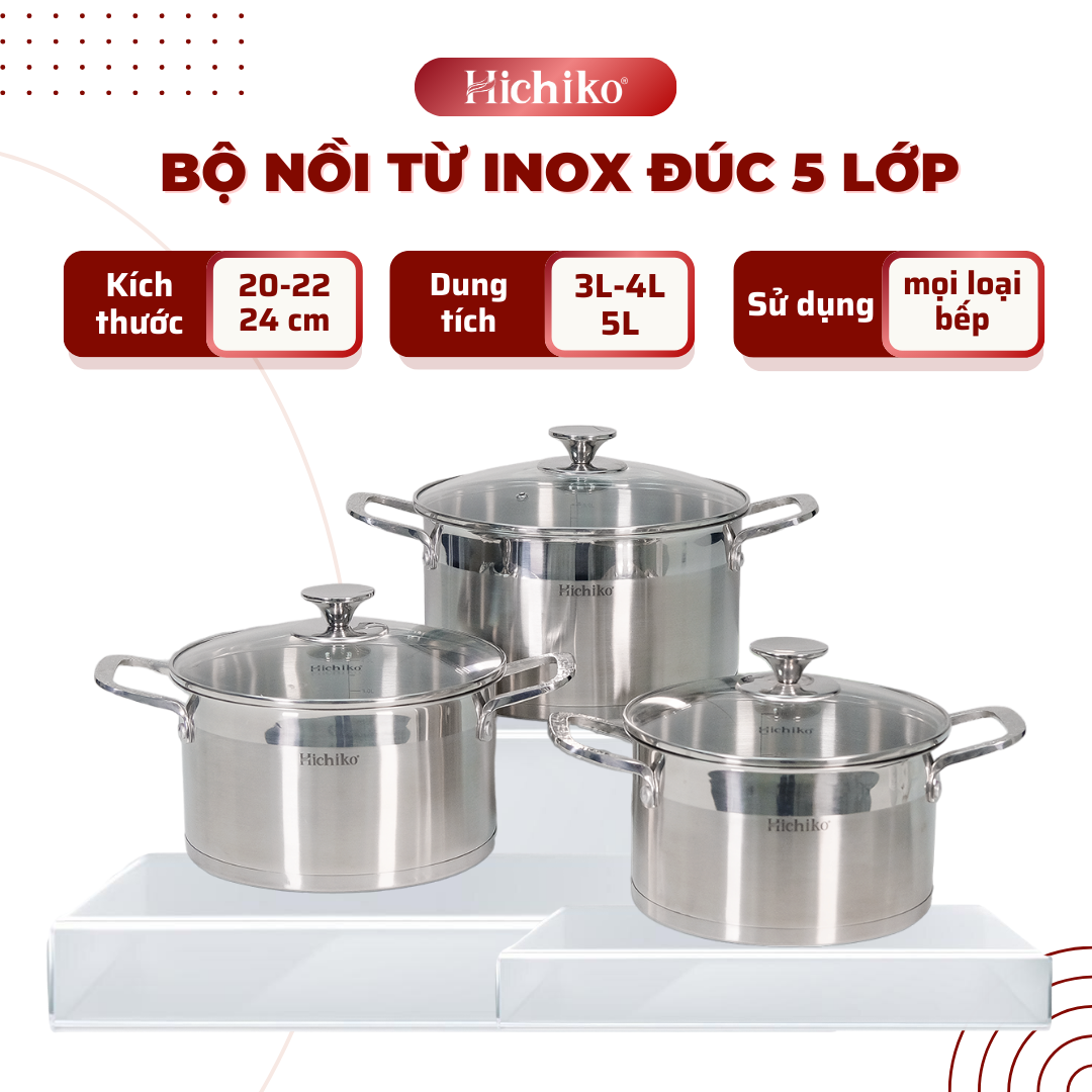 Bộ nồi Inox 304 đáy 5 lớp Hichiko HC-1323, họa tiết vân chìm bền vĩnh cửu, sang trọng