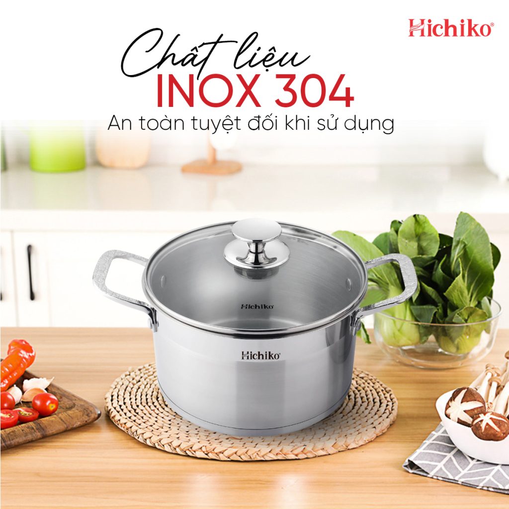 Bộ nồi Inox 304 đáy 5 lớp Hichiko HC-1323, họa tiết vân chìm bền vĩnh cửu, sang trọng