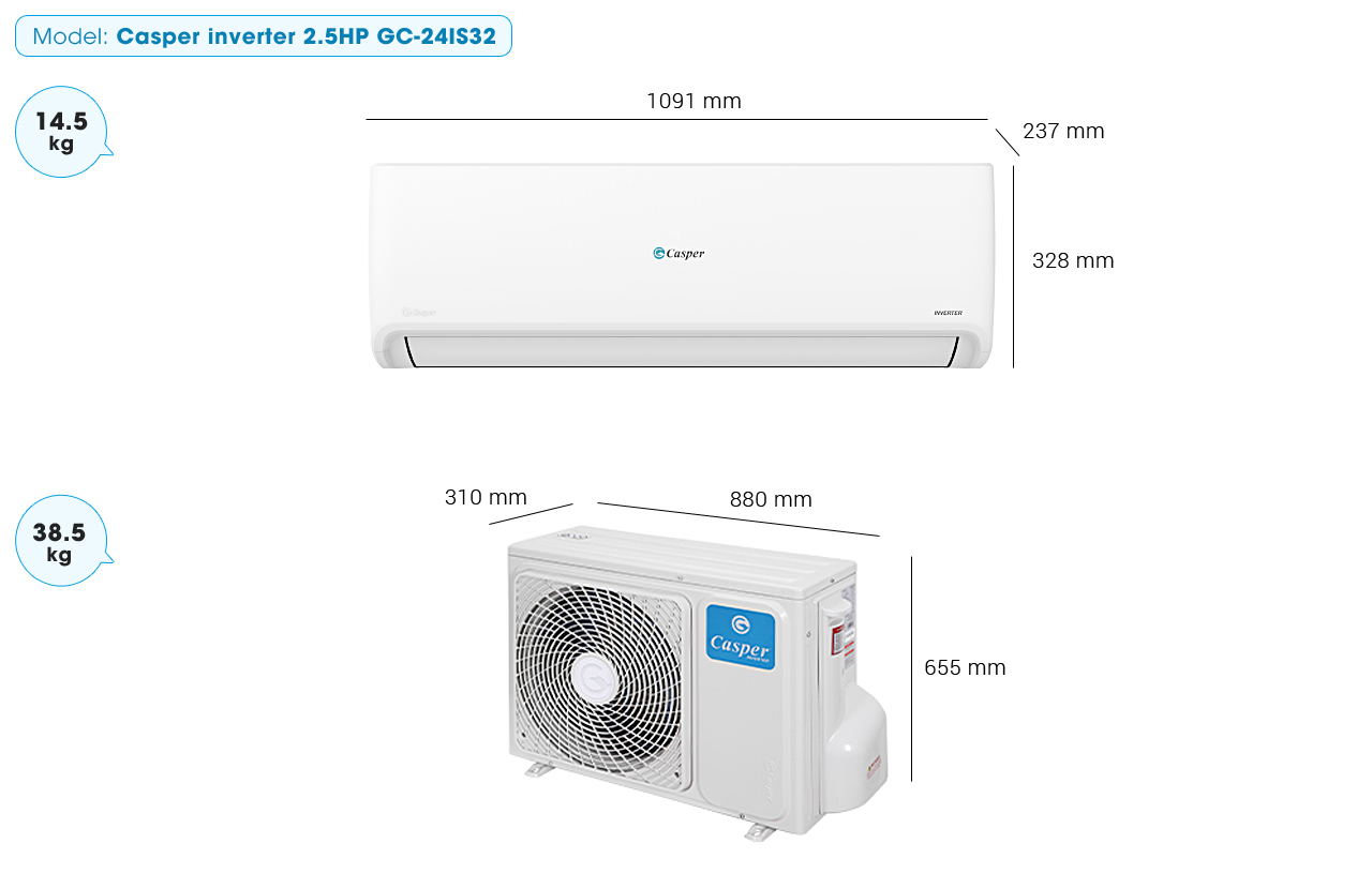 Điều hoà Casper 1 chiều Inverter 24000btu GC-24IS32