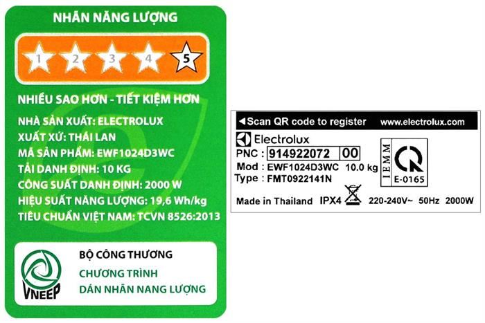 Máy giặt lồng ngang Electrolux Inverter 10kg EWF1024D3WC