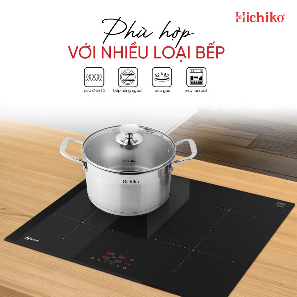 Bộ nồi Inox 304 đáy 5 lớp Hichiko HC-1323, họa tiết vân chìm bền vĩnh cửu, sang trọng