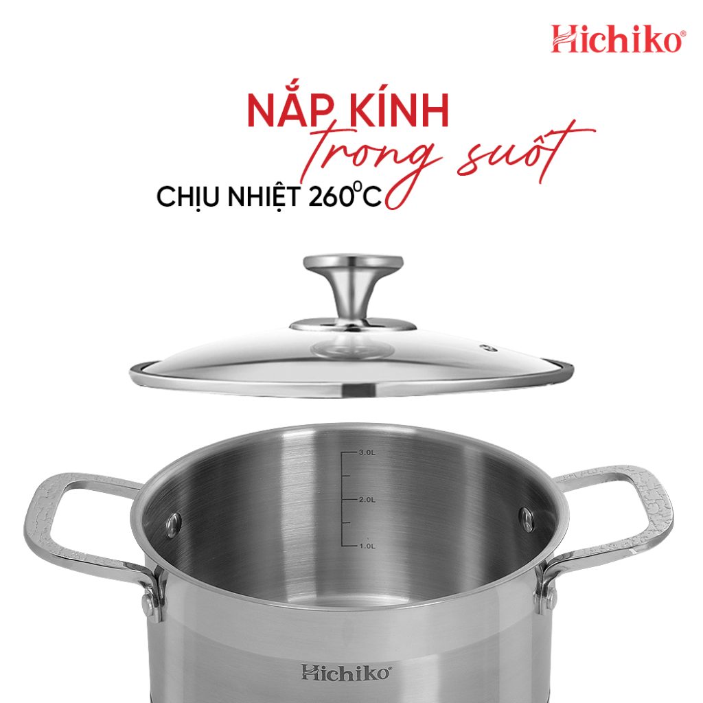Bộ nồi Inox 304 đáy 5 lớp Hichiko HC-1323, họa tiết vân chìm bền vĩnh cửu, sang trọng