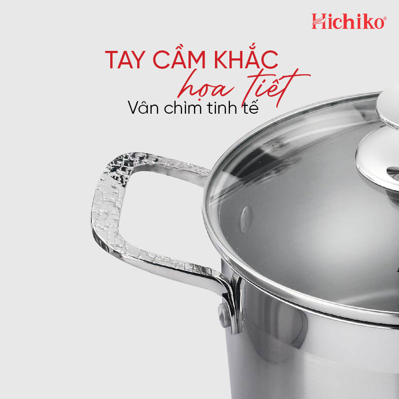 Bộ nồi Inox 304 đáy 5 lớp Hichiko HC-1323, họa tiết vân chìm bền vĩnh cửu, sang trọng
