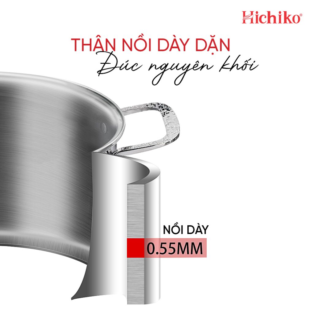 Bộ nồi Inox 304 đáy 5 lớp Hichiko HC-1323, họa tiết vân chìm bền vĩnh cửu, sang trọng