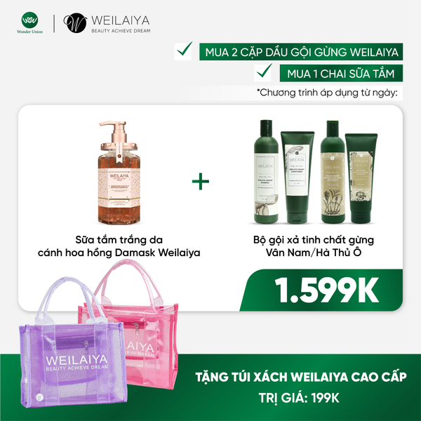  [TẶNG TÚI XÁCH CAO CẤP] Combo 1 chai sữa tắm cánh hoa hồng Damask 450ml + 1 cặp dầu gội xả gừng trắng + 1 cặp dầu gội xả gừng Hà Thủ Ô Weilaiya 