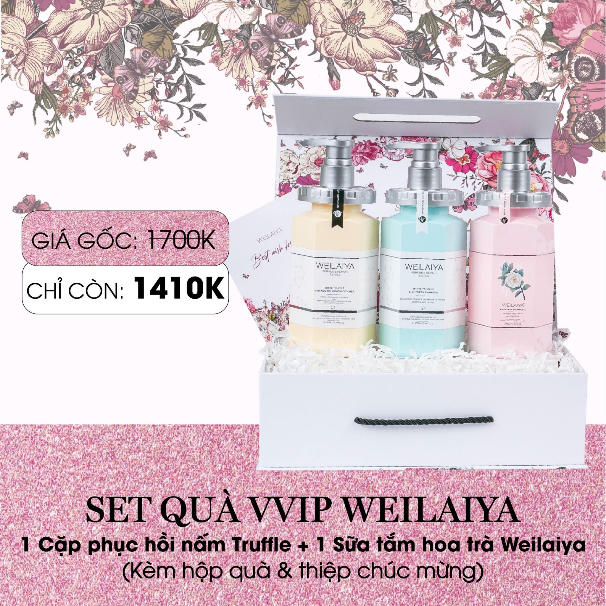  Set hộp quà Hoa 1 cặp gội xả phục hồi + 1 sữa tắm hoa trà 