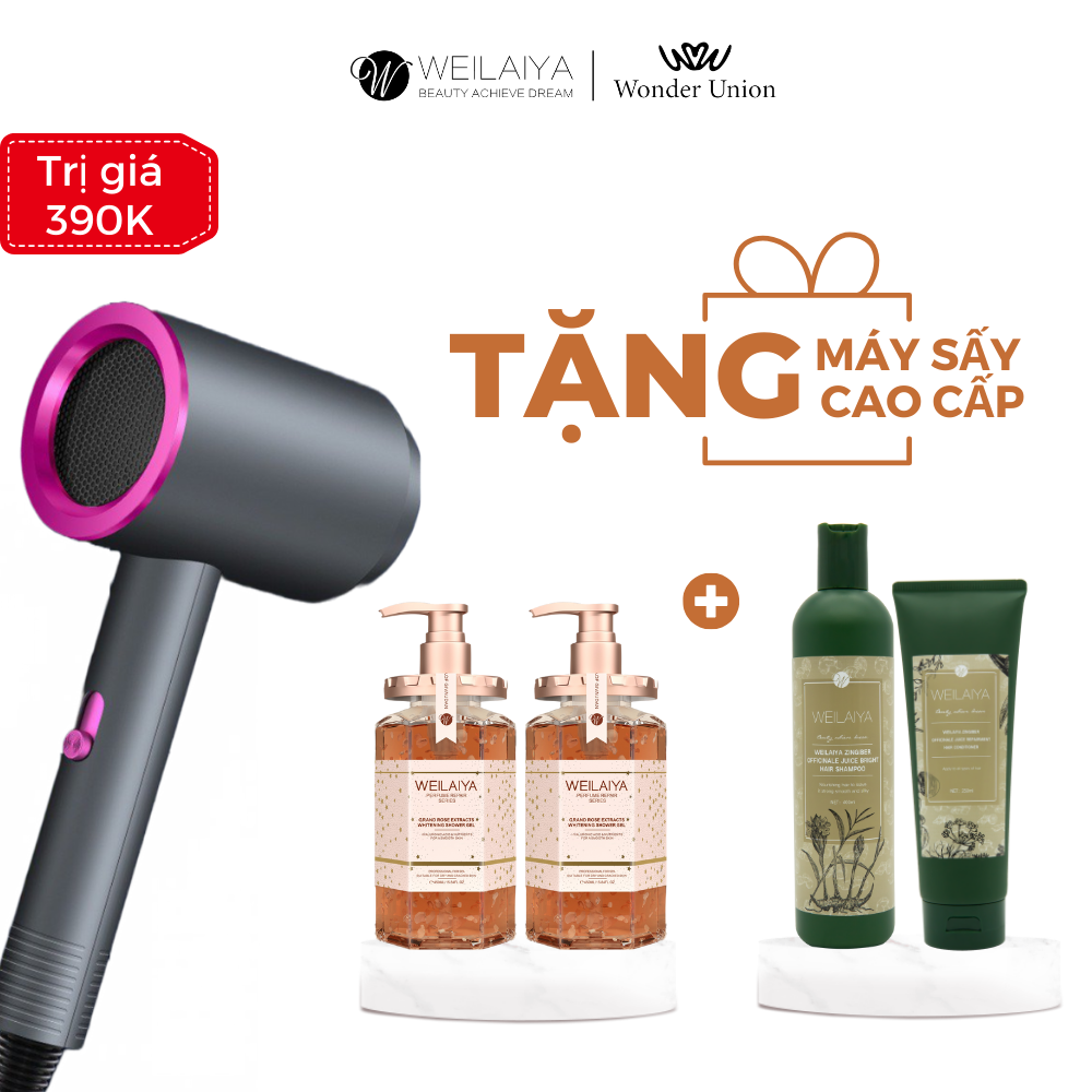  [TẶNG MÁY SẤY] Combo 2 chai sữa tắm cánh hoa hồng Damask 450mlx2 + 1 cặp gội xả gừng Hà thủ ô ngăn rụng tóc Weilaiya 