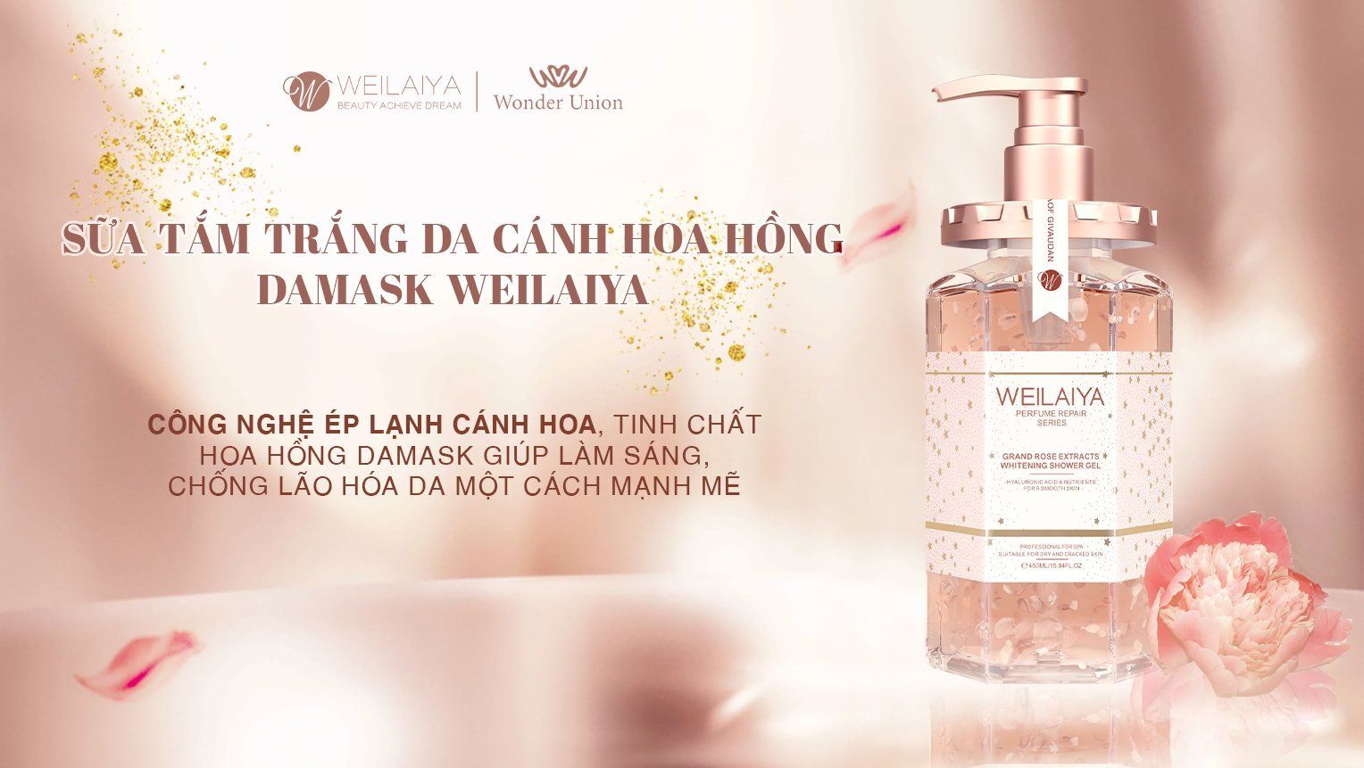  Combo 2 chai sữa tắm trắng da cánh hoa hồng Damask Weilaiya Grand Rose Extracts Whitening Shower Gel 450ml 