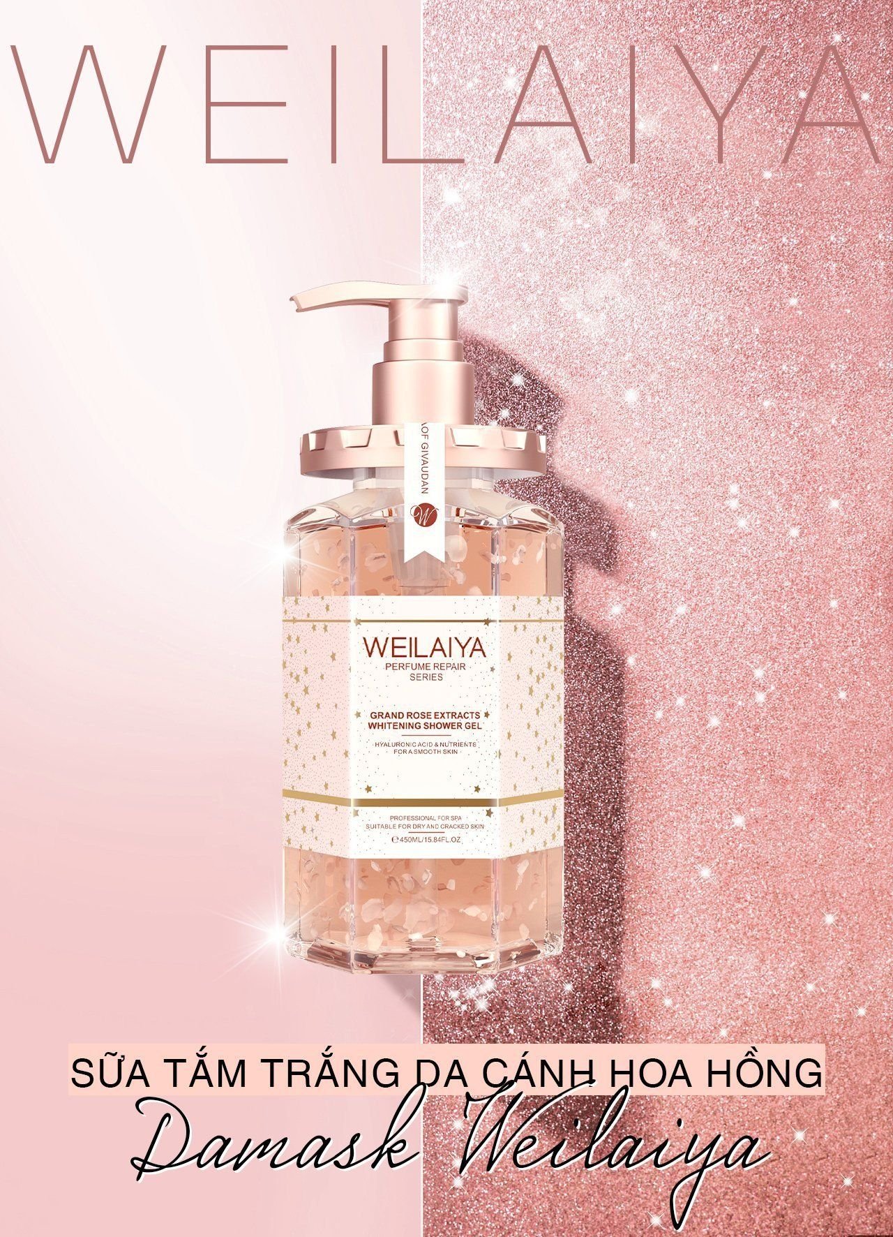  Sữa tắm trắng da cánh hoa hồng Damask Weilaiya Grand Rose Extracts Whitening Shower Gel 450ml 