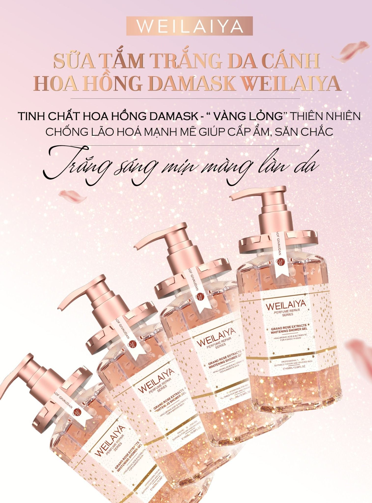  Sữa tắm trắng da cánh hoa hồng Damask Weilaiya Grand Rose Extracts Whitening Shower Gel 450ml 