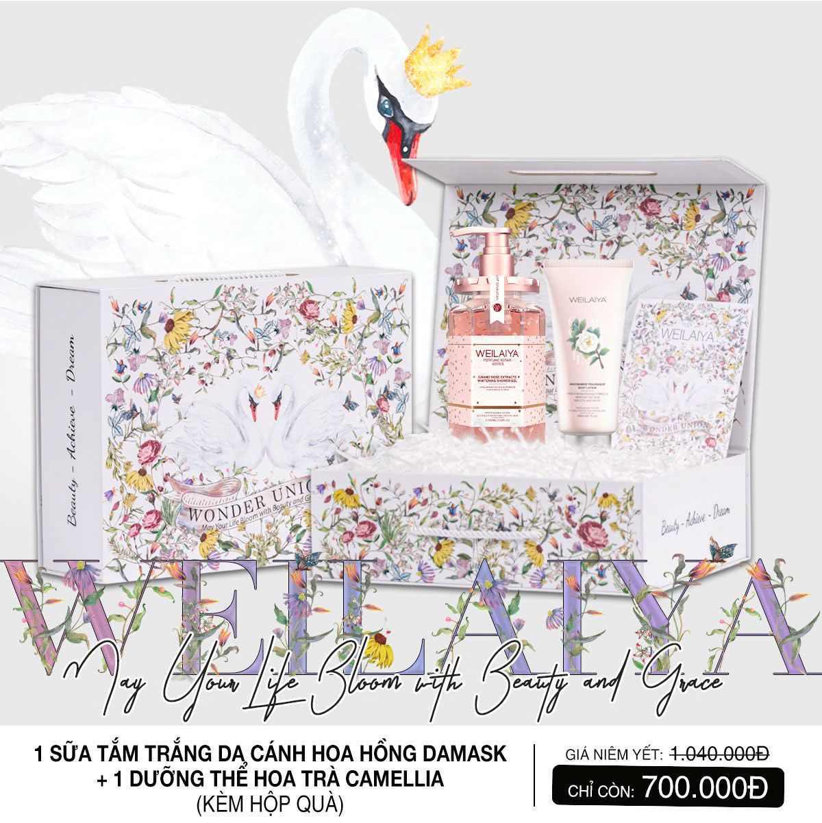  Hộp quà thiên nga 1 sữa tắm hoa hồng Damask + Body lotion 