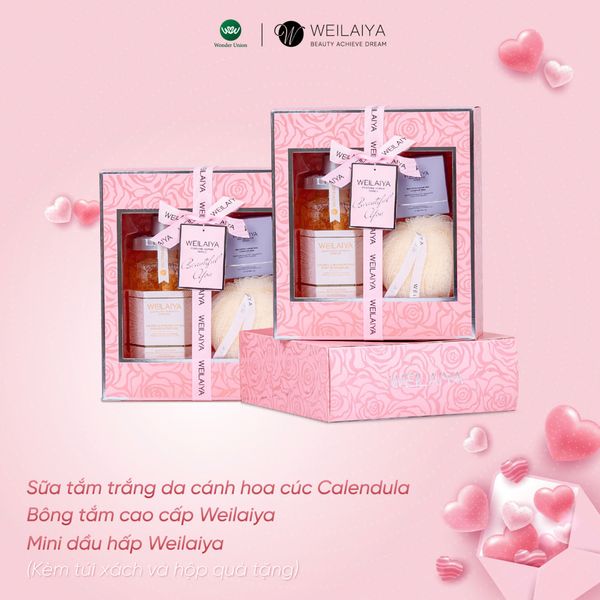  Hộp quà PINK ROSE 1 sữa tắm hoa cúc + mini dầu hấp + Bông tắm 