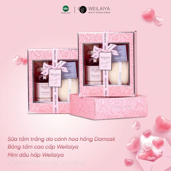 Hộp quà PINK ROSE 1 sữa tắm hoa hồng + mini dầu hấp + Bông tắm 