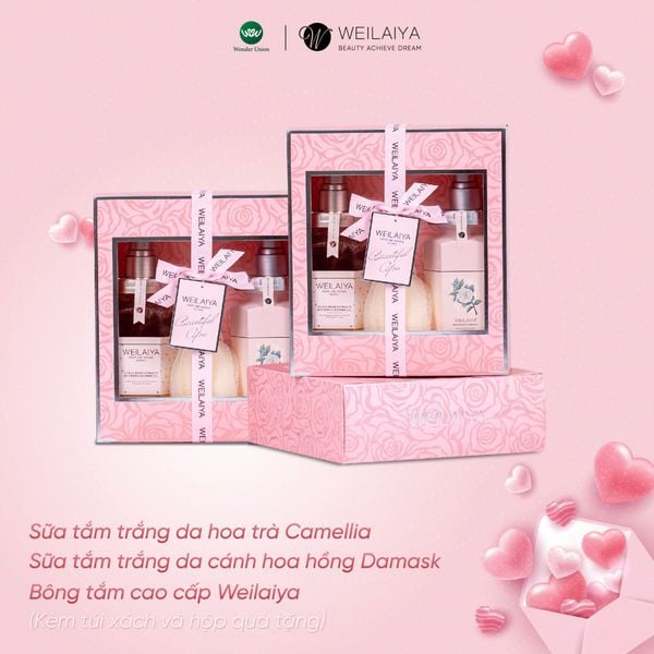  Hộp quà PINK ROSE 1 sữa tắm hoa hồng + sữa tắm hoa trà + Bông tắm 