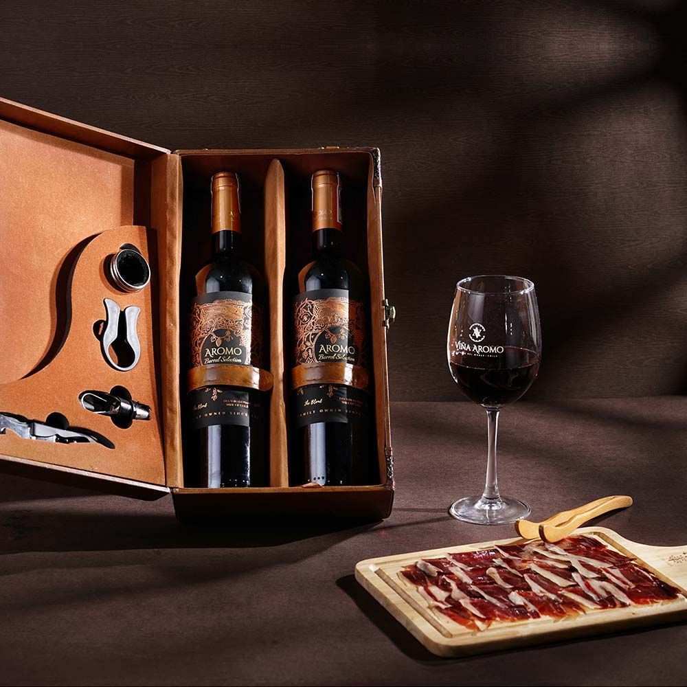 Hộp Quà Rượu Vang 2 Chai Aromo Barrel Selection The Blend Viña Aromo Hộp Da Cao Cấp