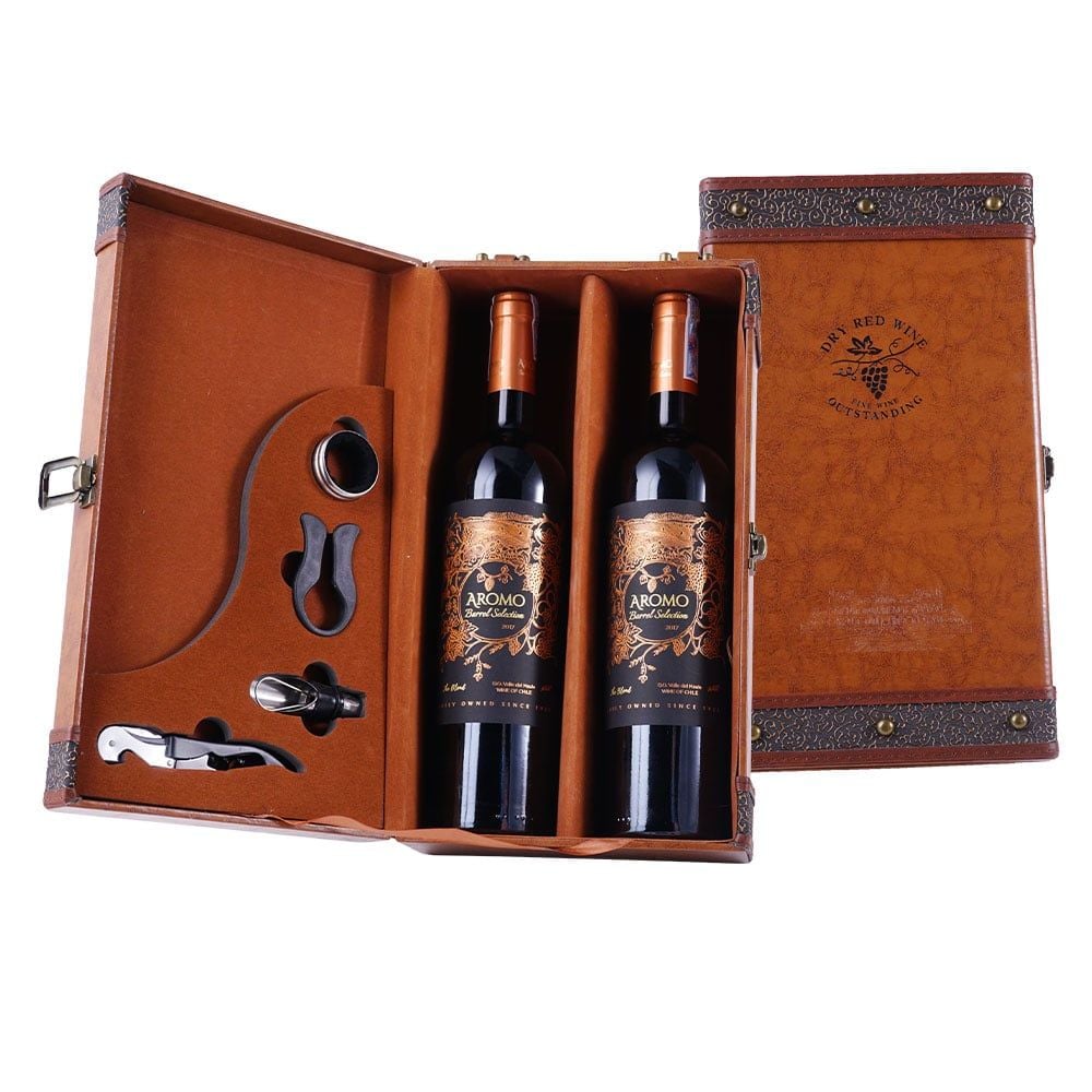 Hộp Quà Rượu Vang 2 Chai Aromo Barrel Selection The Blend Viña Aromo Hộp Da Cao Cấp