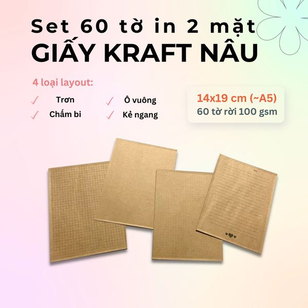  60 tờ giấy kraft 100 gsm (có thể refill Sổ Còng) 14x19 cm (xấp xỉ A5) 